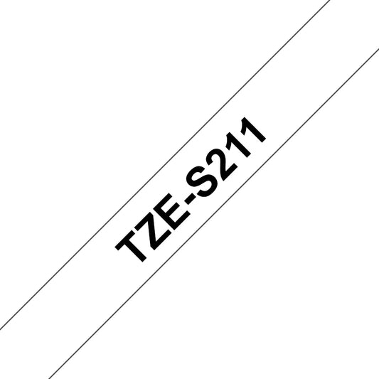 Cinta Brother TZeS211 Laminada Súper Adhesiva Texto Negro Fondo Blanco 6mmx8m