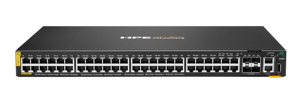 HPE Aruba Networking CX 6200F 48G Class-4 PoE 4SFP+ 370W Switch Gestionado L3 Gigabit Ethernet (10/100/1000) Energía sobre Ethernet (PoE) 1U