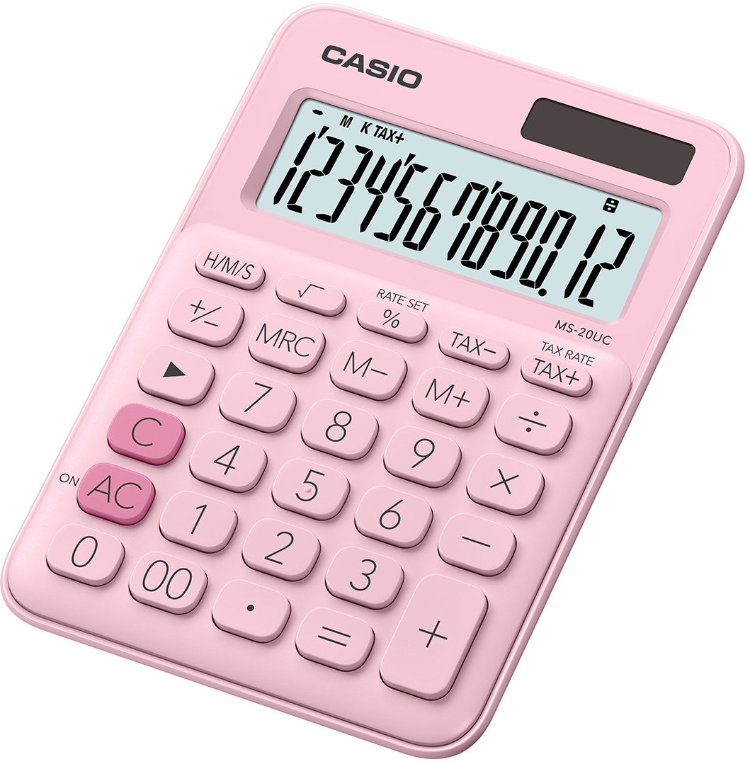 Calculadora de Escritorio Casio MS-20UC de 12 digitos rosa calculo de impuestos y tiempo doble alimentacion