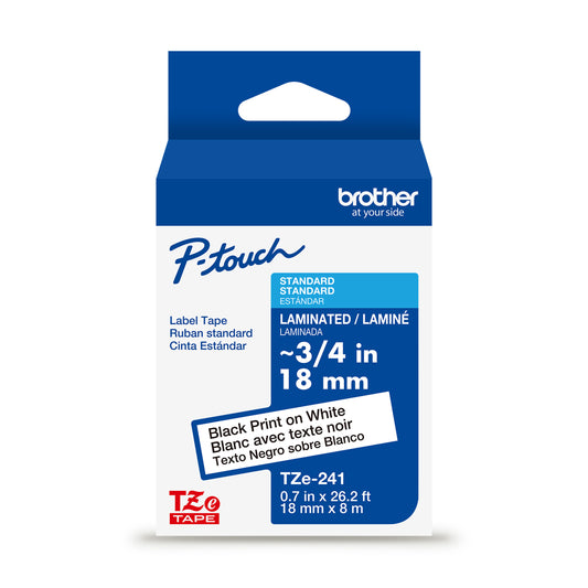 Cinta Laminada Brother Estandar Texto negro sobre cinta blanca de 18mm x 8m