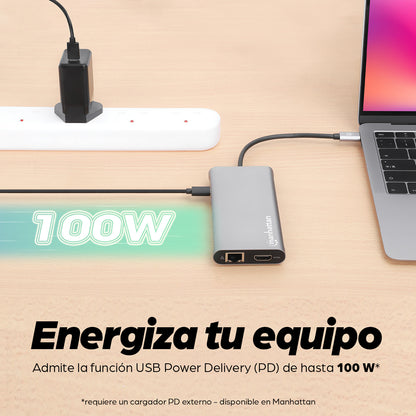 Docking Manhattan USB-C para Triple Monitor HDMI/USB-C/PD/SD/micro SD
