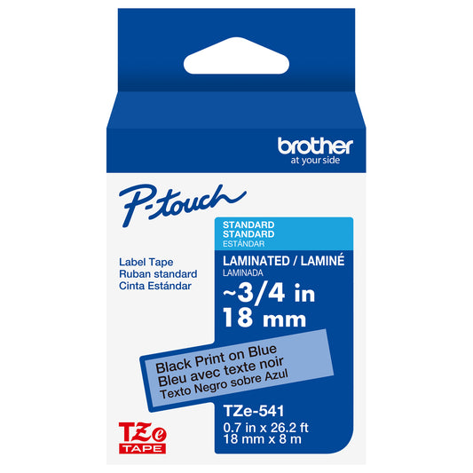 Cinta Laminada Brother Estandar Texto negro sobre cinta azul de 18mm x 8m