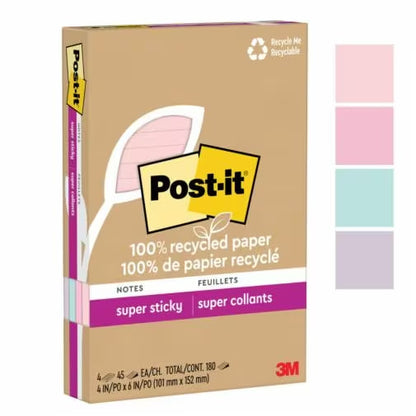 Block 3M Post-it Raya Super Sticky Pastel 4x6 pulg (10.16X15.24 cms) block c/45 paq c/4 Blocks