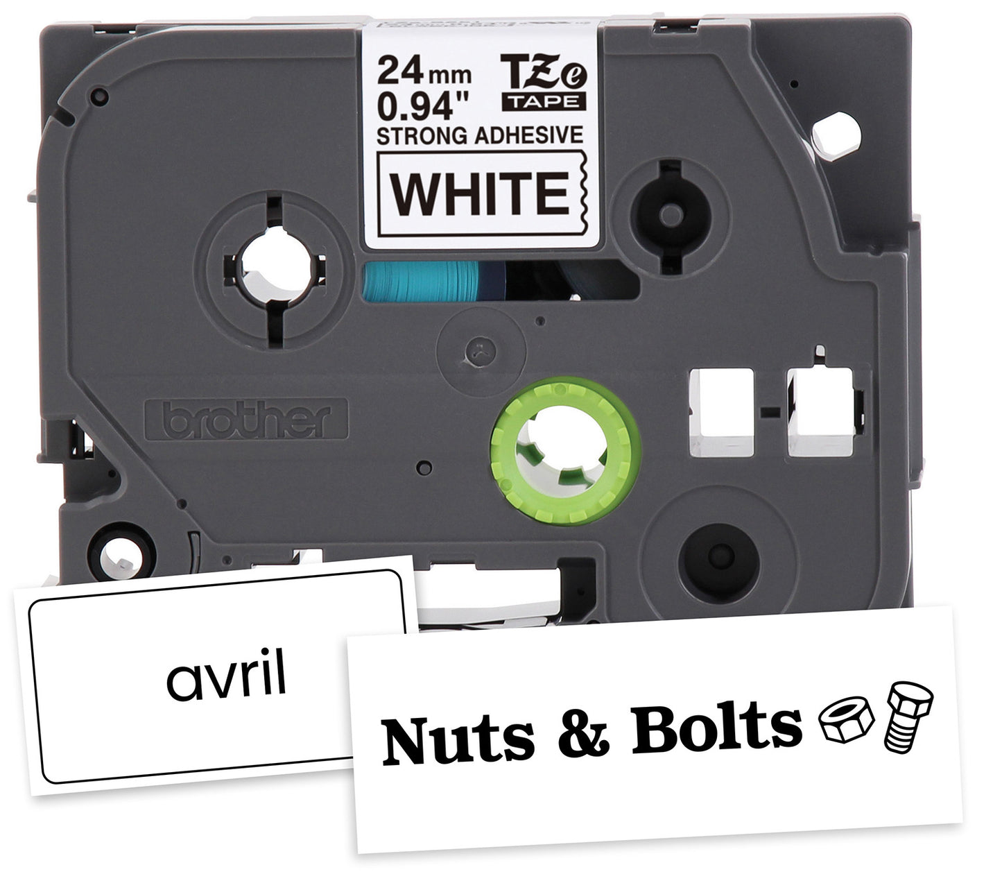 Cinta Brother TZES251G Laminada Súper Adhesiva Texto Negro Fondo Blanco 24mmx8m