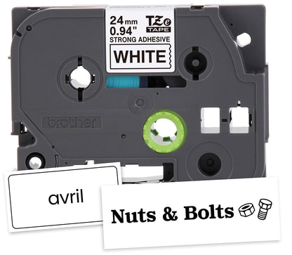 Cinta Brother TZES251G Laminada Súper Adhesiva Texto Negro Fondo Blanco 24mmx8m