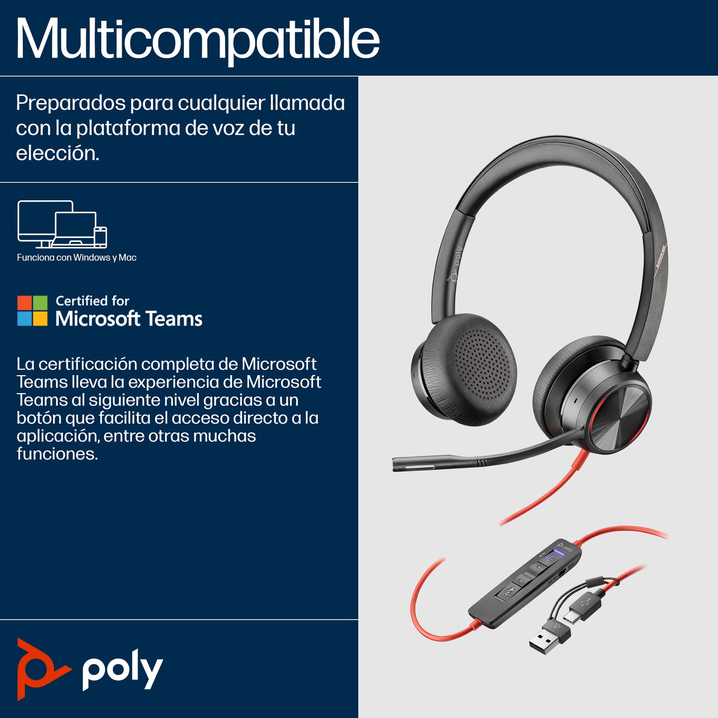 HP Poly Blackwire 8225 Stereo Microsoft Teams Certified USB-C Headset +USB-C/A Adapter Alámbrico Diadema Oficina/Centro de llamadas USB Tipo C Negro