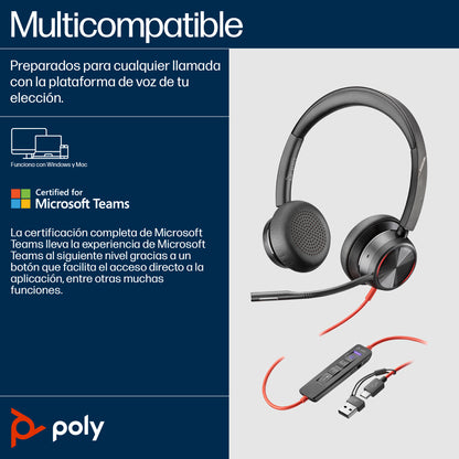 Poly Auriculares estéreo USB-C Blackwire 8225 + Adaptador USB-C/A