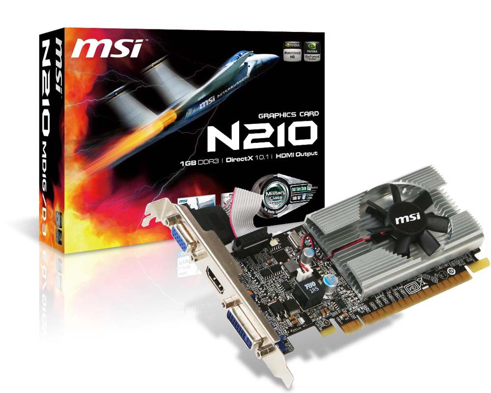 Tarjeta de Video GeForce MSI N210 1GB Single Fan DDR3 PCIe 2.0 64 bits 1xHDMI 1xD-Sub 1-DVI