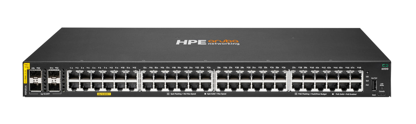HPE Aruba Networking CX 6000 48G Class4 PoE 4SFP 370W Switch