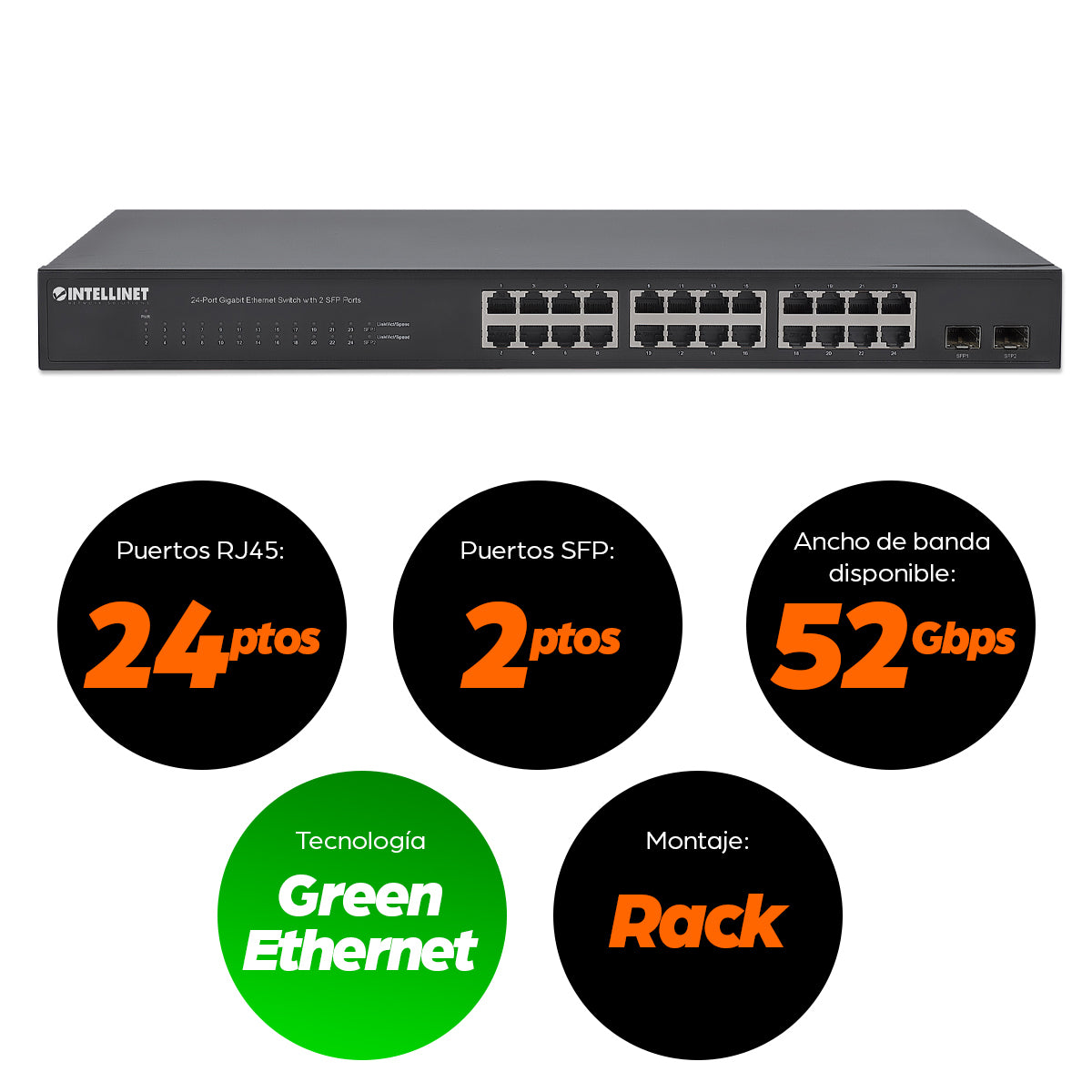 Switch Intellinet 24 Puertos Gigabit Ethernet con 2 Puertos SFP Montaje en Rack 19"