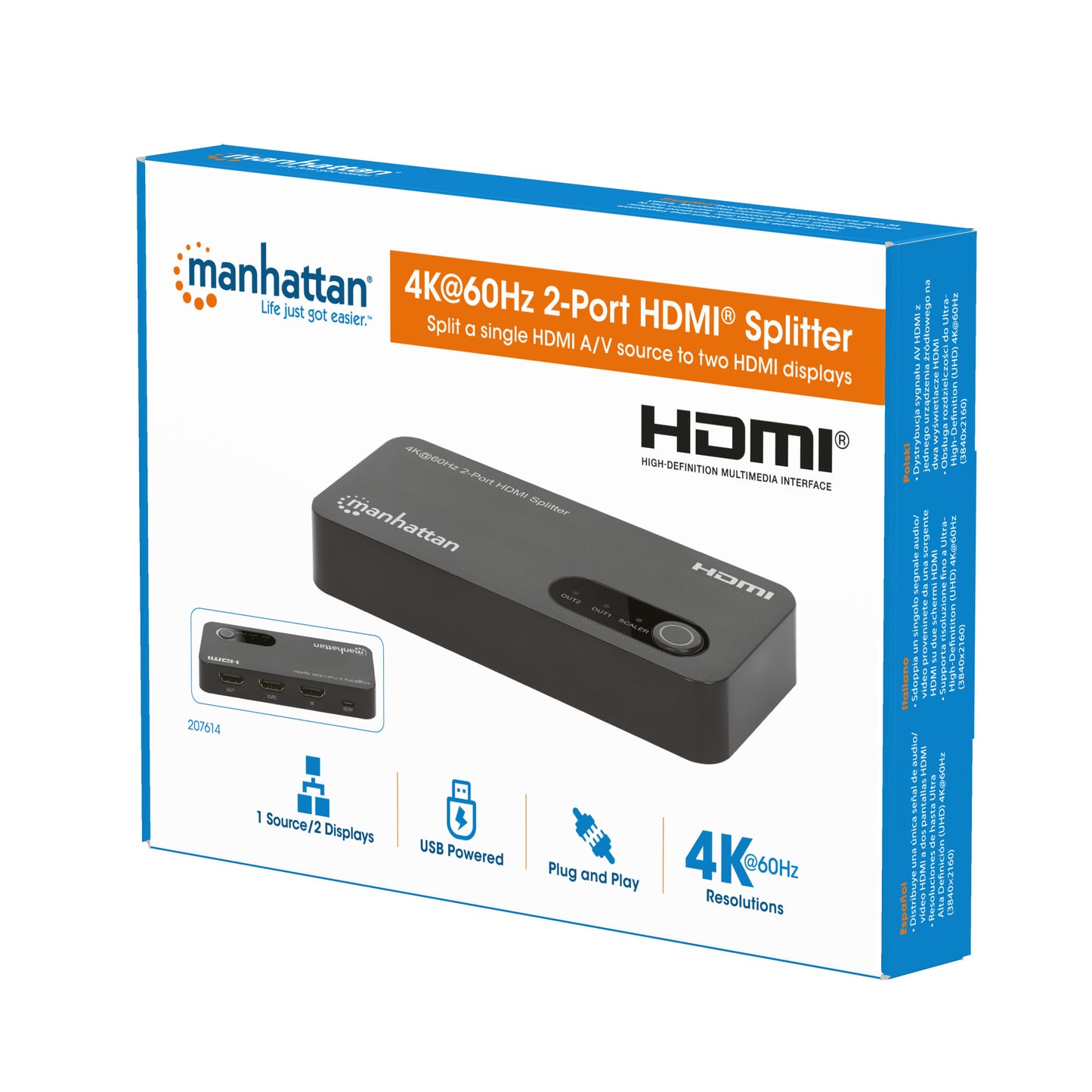 Manhattan 207614 divisor de vídeo HDMI 2x HDMI
