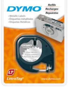 Cinta Etiquetadora Dymo Negro Sobre Gris Metalico 1/2"