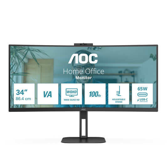 Monitor AOC 34" Professional Curvo VA 1500-R 3440x1440 HDMI DP USB-C DP AltMode 100hz 1ms USB Hub Windows Hello We
