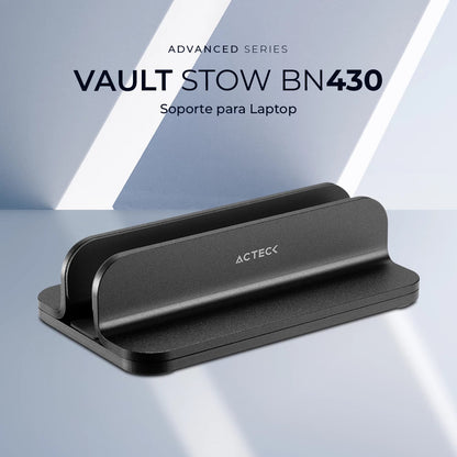 Base Soporte para Laptop Acteck Vault Stow BN430 soporte Vertical de Aluminio Soporta 5 kg y Ajustable 45mm Color Negro