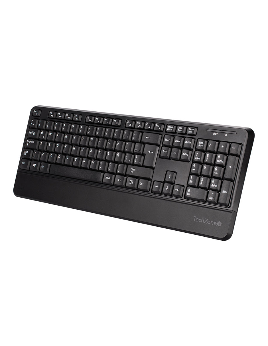Kit TechZone Profesional Inalambrico Elegante Teclado y Mouseu de 3Botones con 1200 Dpi y Descansa Muñecas Alc