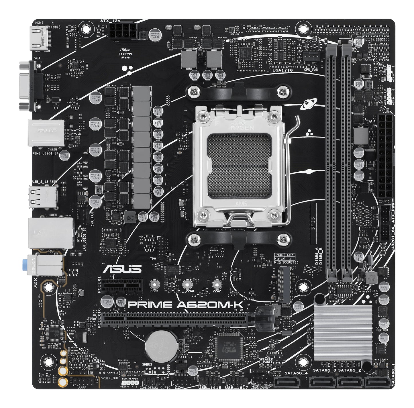 Tarjeta Madre Asus PRIME A620M-K 2xDDR5 96GB 6400Mhz HDMI VGA PCIe 4.0 M.2 S AM5 Ryzen mATX