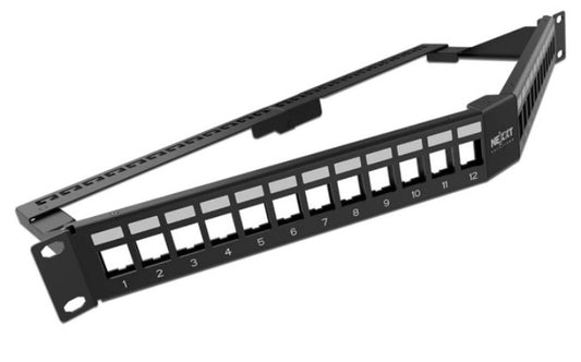 Panel de Conexion Red Nexxt Solutions para Rack Angulado Cat6A Modular 24 Puertos Blindado 1U Esmalte Negro