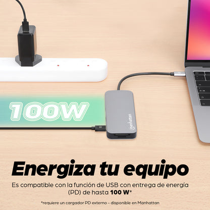 Docking Manhattan USB-C  8 ptos HDMI USB-C PD/2xUSBv3.2/USBv2.0 RED SD/Micro SDD