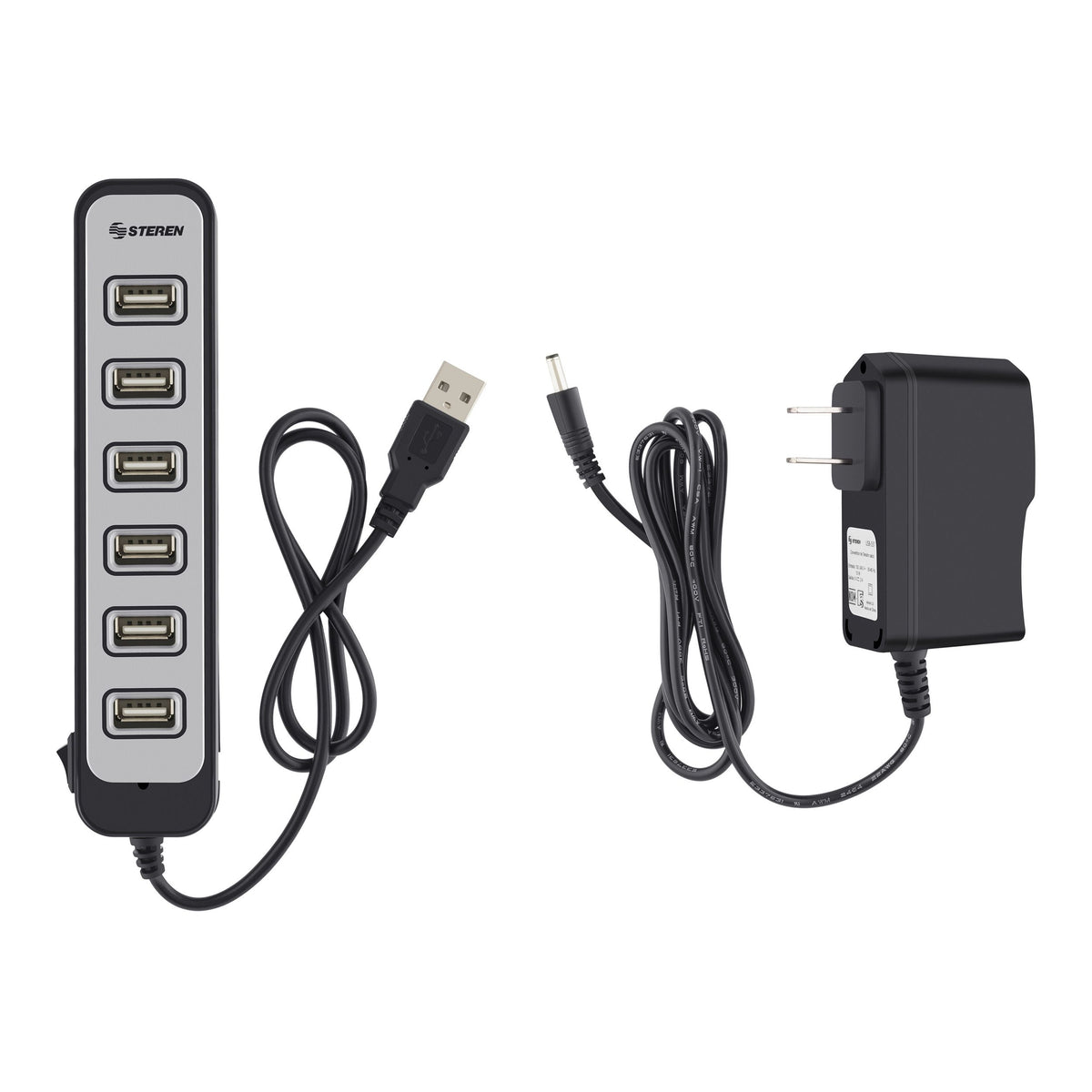 Hub Steren USB 7 Puertos con Eliminador de 2A Color Negro