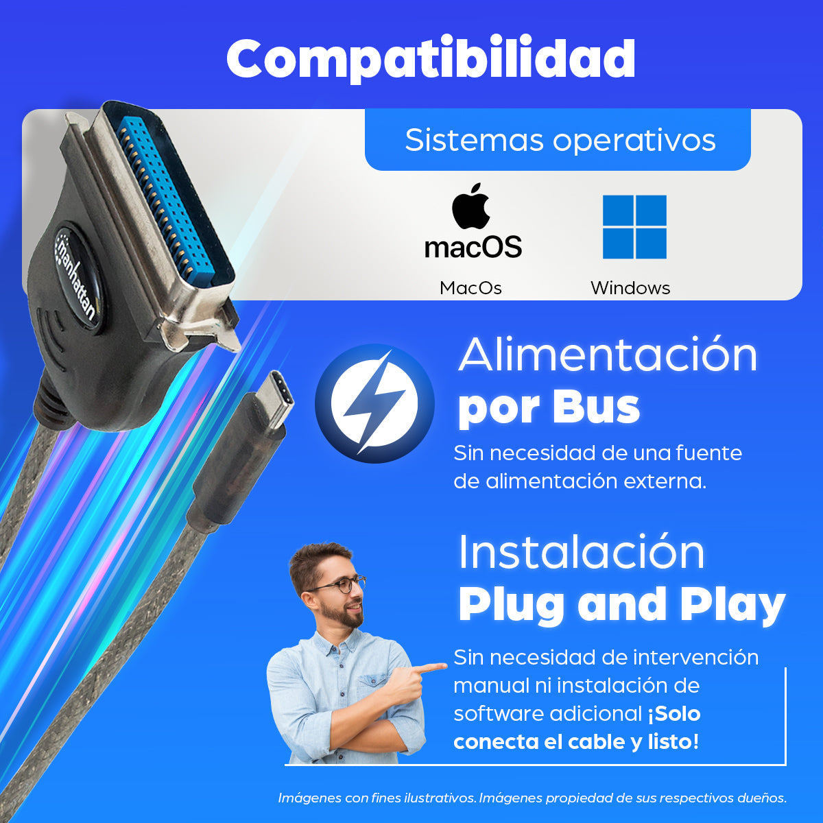 Convertidor Manhattan para Impresora USB-C Full Speed a Paralelo Cen36 1m Color Negro
