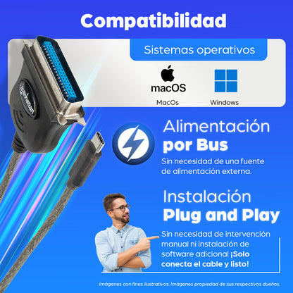 Convertidor Manhattan para Impresora USB-C Full Speed a Paralelo Cen36 1m Color Negro