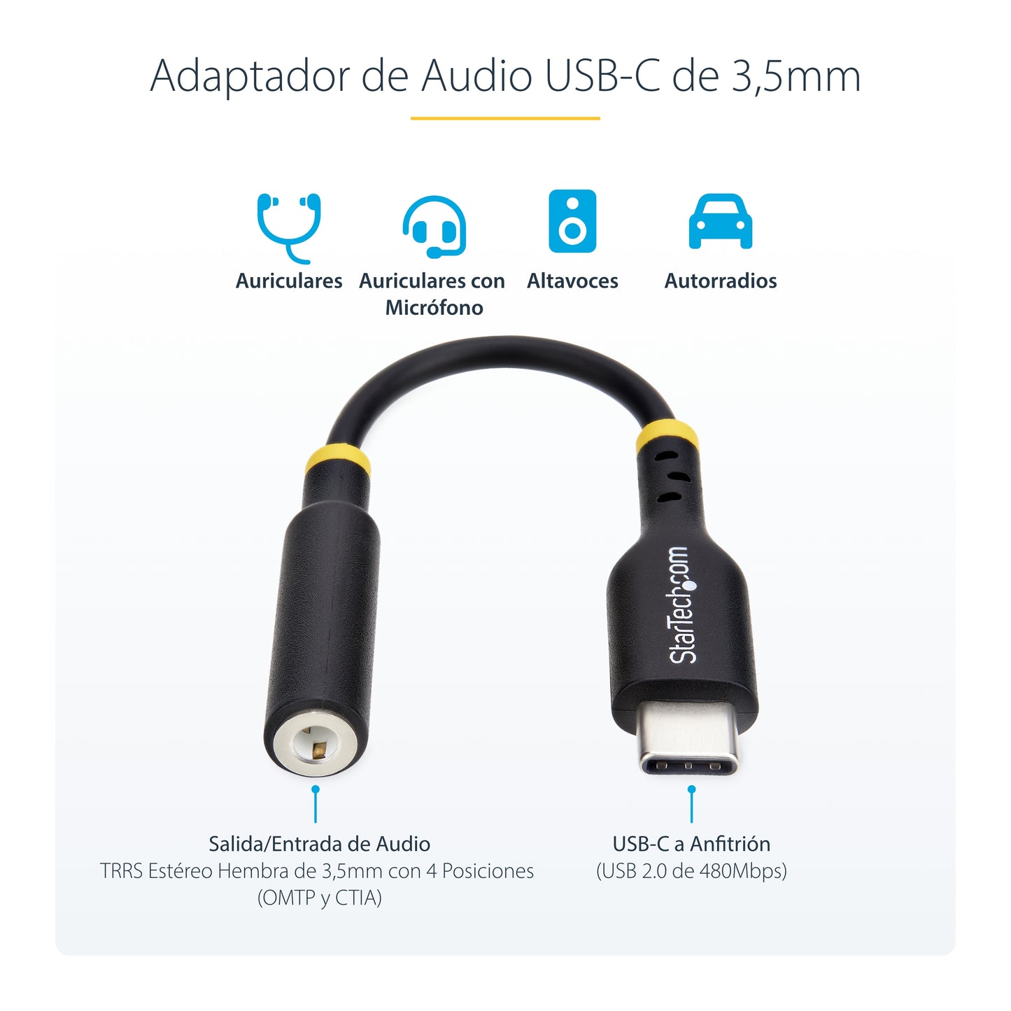 StarTech.com USBCAUDIO2 cable de audio 0.127 m USB Type-C 2.0 3,5 mm Negro