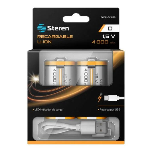 Paquete de Baterías Steren Li-ion Recargables USB-C 1.5Vcc 2500mAh