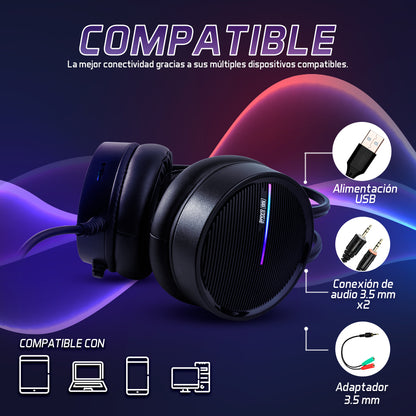 Diadema Vorago Gamer HS-502 Micrófono RGB Conector 3.5mm Color Negro