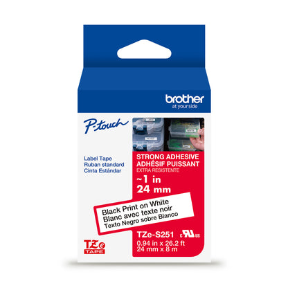 Cinta Brother TZES251G Laminada Súper Adhesiva Texto Negro Fondo Blanco 24mmx8m