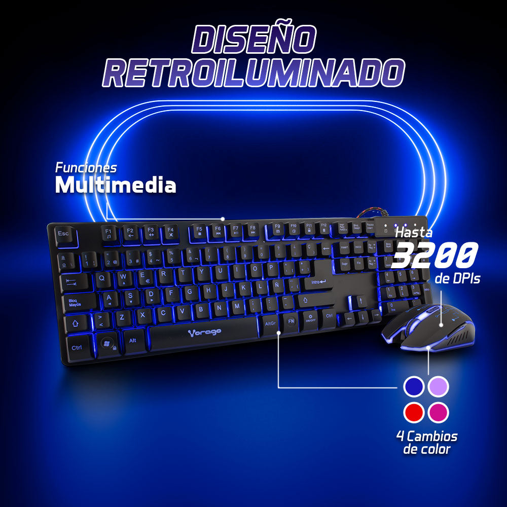 Kit Teclado y Mouse Vorago Start The Game Retroiluminado USB