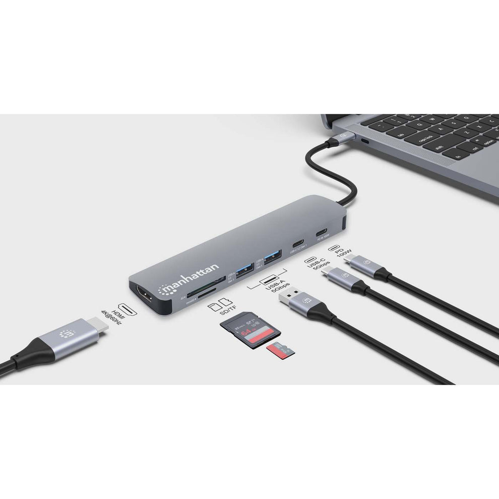 Docking USB-C Manhattan 7 puertos HDMI 2xUSB-A USB-C Datos PD Lector