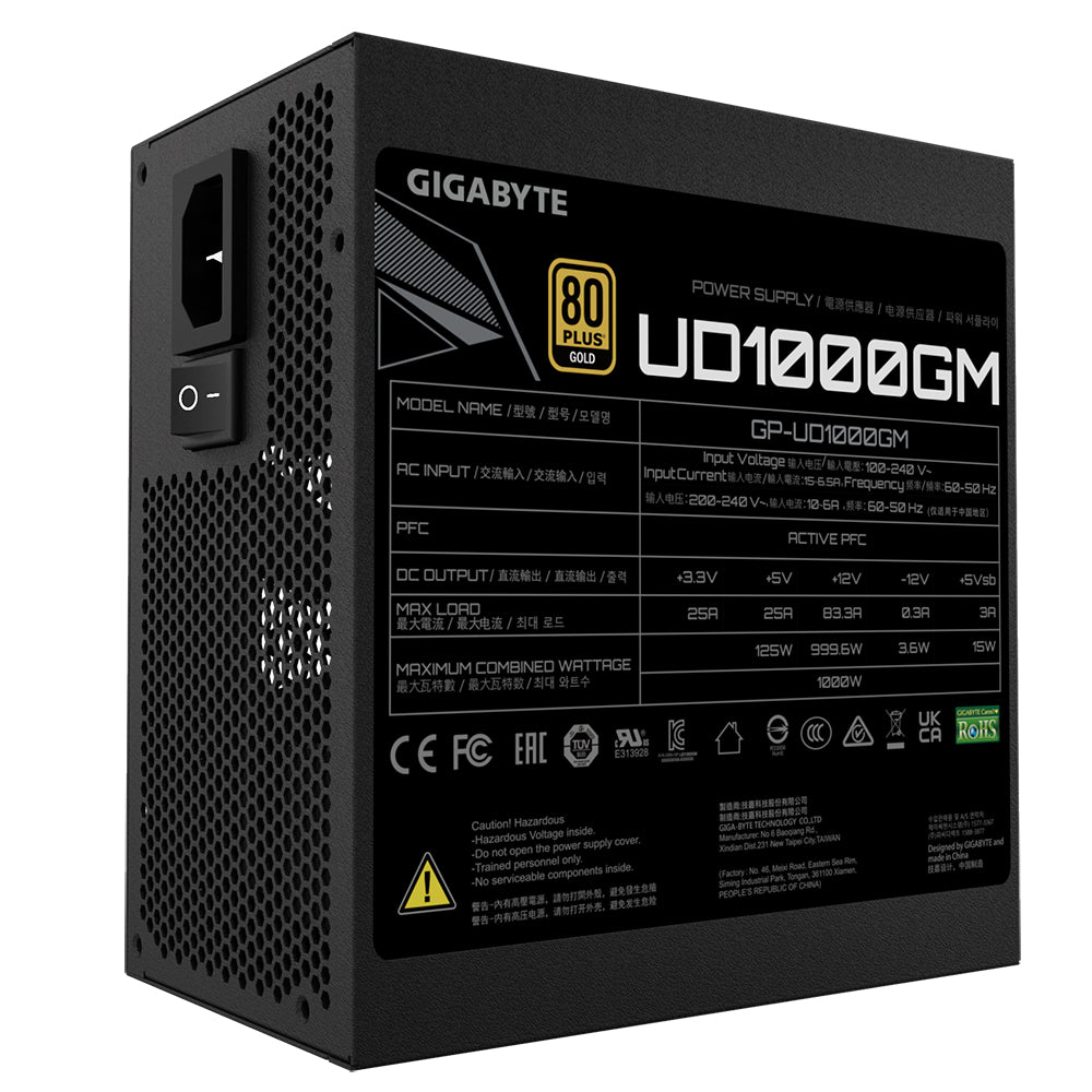 Fuente de Poder Gigabyte GP-UD1000GM 1000W ATX V12 80 Plus Gold 20-4 Pines Fan 120mm Negro
