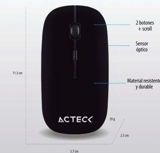 Mouse Estandar Acteck Optimize MI240 Inalambrico 2.4Ghz de 1600 DPI 2 Botones Essential Series Negro