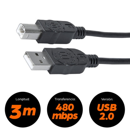 Cable Manhattan USB B Alta Velocidad 2.0 A-B3m Color Negro