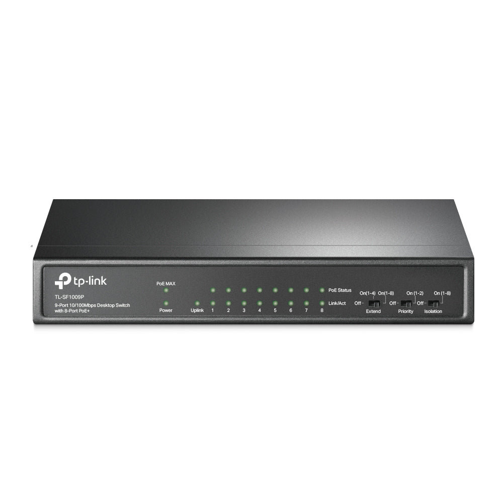 Switch TP-Link 9-Port 10/100 Mbps Desktop Switch with 8-Port PoE 8× 10/100 Mbps PoE Ports 1× 10/100 Mbps Non-PoE Ports