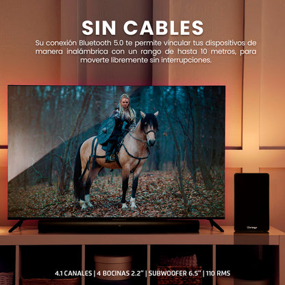 Barra de Sonido Vorago 4x15w Subwoofer 50w Inalambrico Salidas HDMI ARC Bluetooth 5.0 110w Rms Pantalla