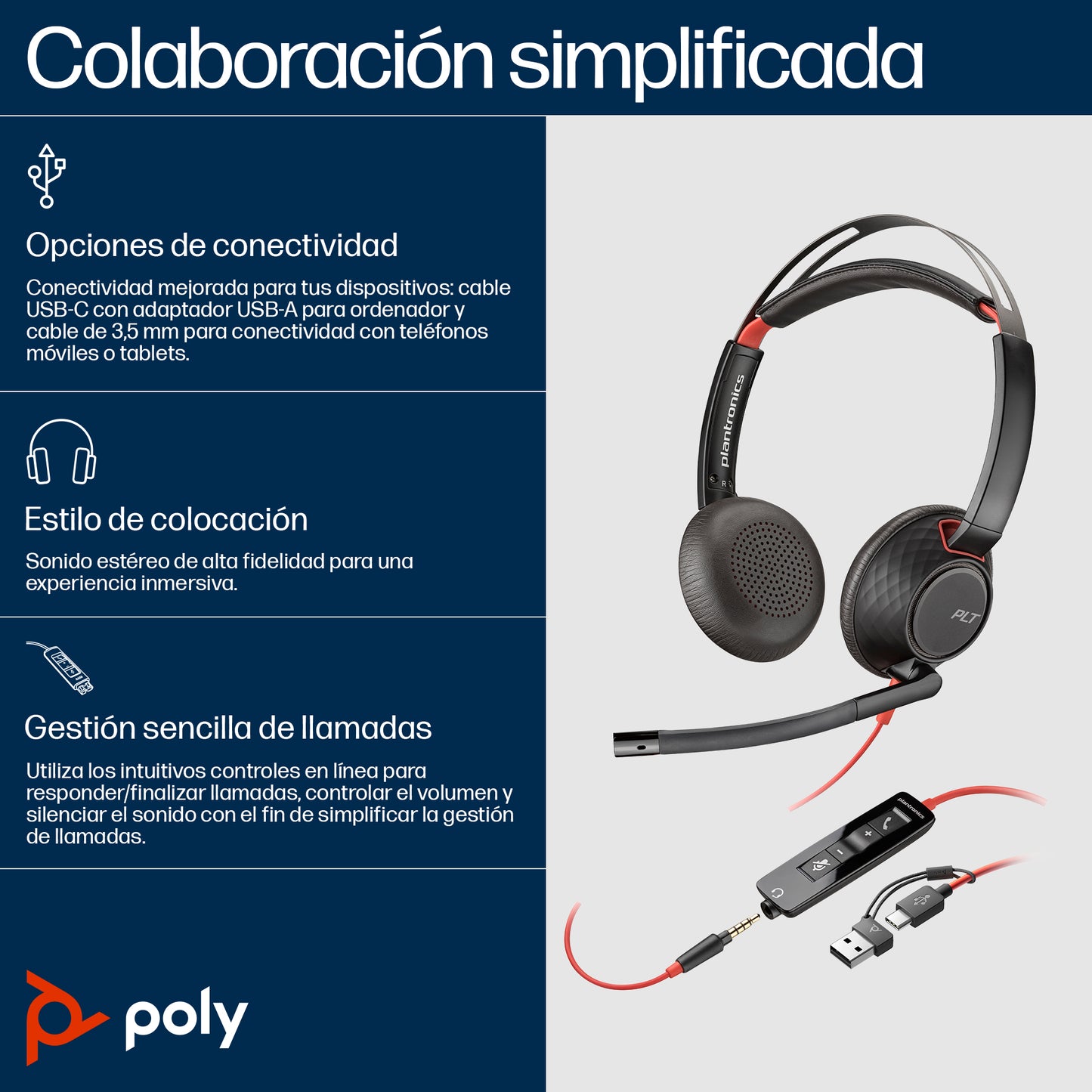 POLY Auriculares estéreo Blackwire 5220 + conector de 3.5 mm + adaptador USB-C/A