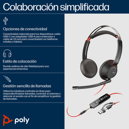 POLY Auriculares estéreo Blackwire 5220 + conector de 3.5 mm + adaptador USB-C/A