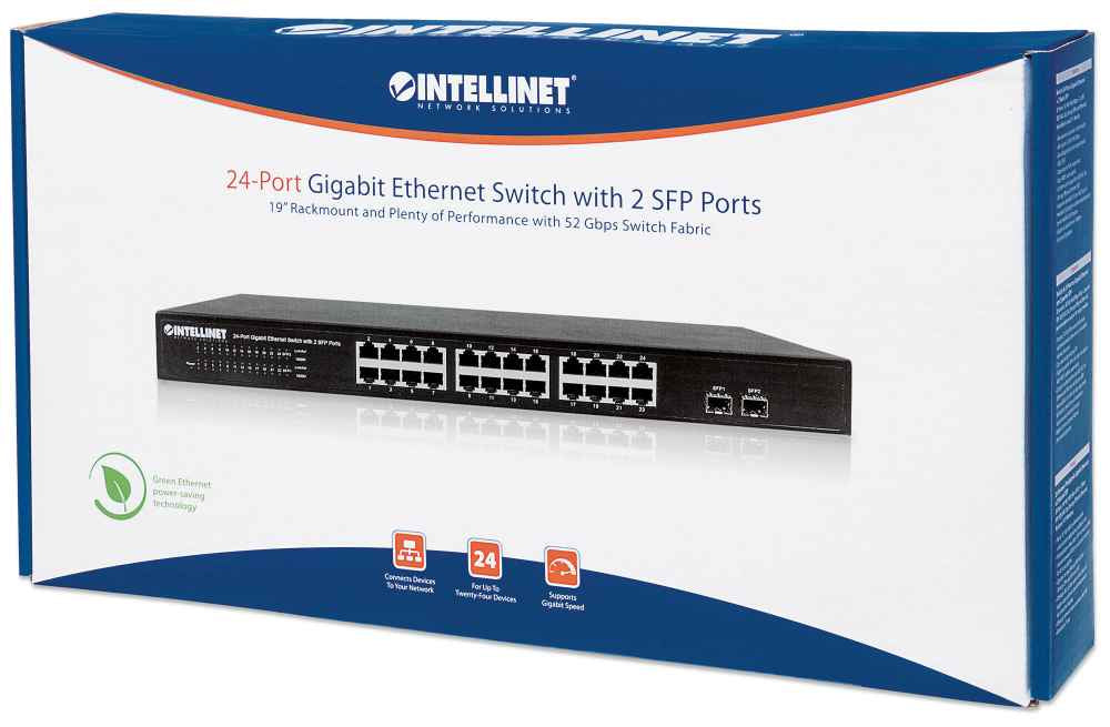 Switch Intellinet 24 Puertos Gigabit Ethernet con 2 Puertos SFP Montaje en Rack 19"