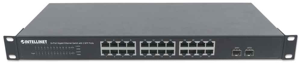 Switch Intellinet 24 Puertos Gigabit Ethernet con 2 Puertos SFP Montaje en Rack 19"