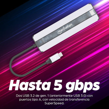 Manhattan 153928 base para laptop o replicador de puertos Alámbrico USB 3.2 Gen 1 (3.1 Gen 1) Type-C Negro, Plata