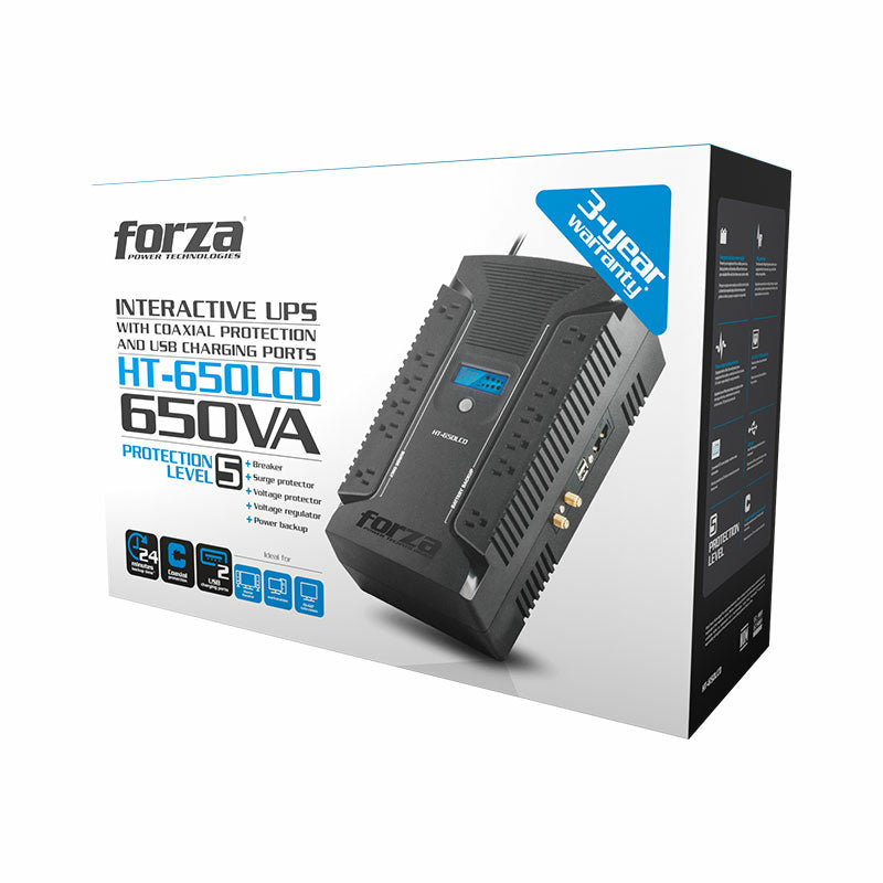 UPS Forza Regulador HT-650LCD 650VA/390W 120V 12 Salidas NEMA 5-15R Onda Senoidal Simulada 50/60Hz Negro