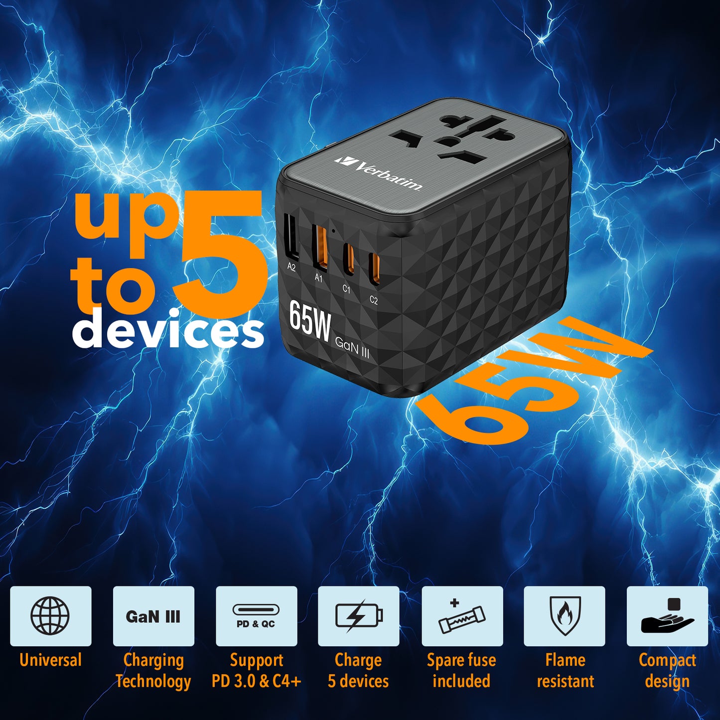 Adaptador Verbatim Universal de viaje UTA-05 GaN III 65 W