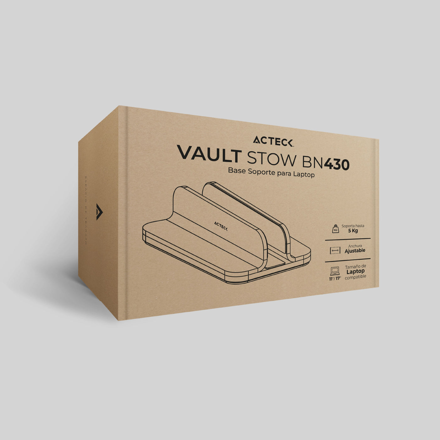 Base Soporte para Laptop Acteck Vault Stow BN430 soporte Vertical de Aluminio Soporta 5 kg y Ajustable 45mm Color Negro