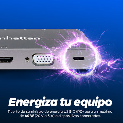 Estación Docking Manhattan USB-C a HDMI/DPmini/SVGA/RJ45/3.5mm Super Velocidad Color Gris