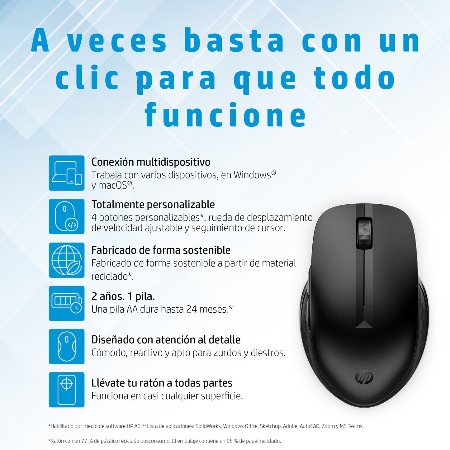 HP 435 Multi-Device Wireless Mouse ratón Oficina Ambidiestro RF inalámbrico + bluetooth 4000 DPI