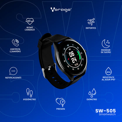 Smart Watch Vorago SW-505 Redondo IP67 Bluetooth Pantalla AMOLED 1.43"  Táctil Negro 2 Extensibles