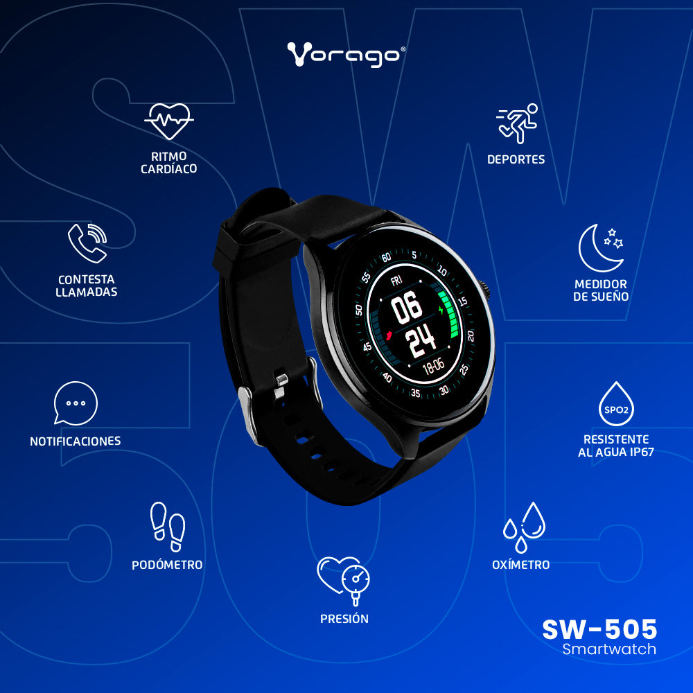 Smart Watch Vorago SW-505 Redondo IP67 Bluetooth Pantalla AMOLED 1.43"  Táctil Negro 2 Extensibles