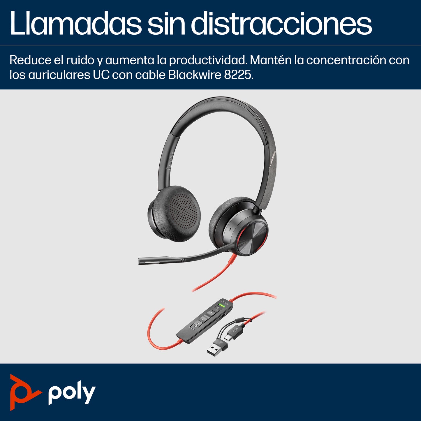 HP Poly Blackwire 8225 Stereo Microsoft Teams Certified USB-C Headset +USB-C/A Adapter Alámbrico Diadema Oficina/Centro de llamadas USB Tipo C Negro