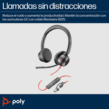 HP Poly Blackwire 8225 Stereo Microsoft Teams Certified USB-C Headset +USB-C/A Adapter Alámbrico Diadema Oficina/Centro de llamadas USB Tipo C Negro